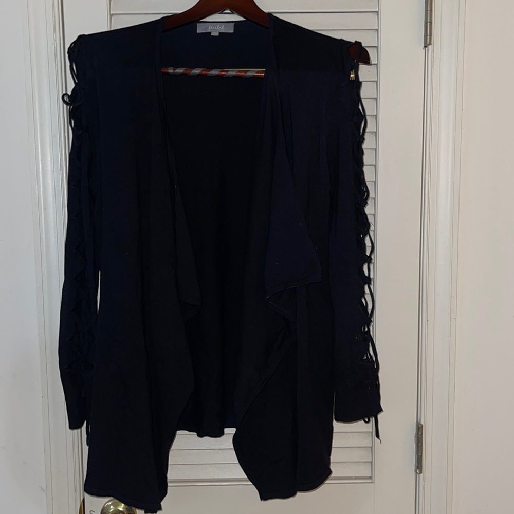 Black cardigan with open pattern on sleeve